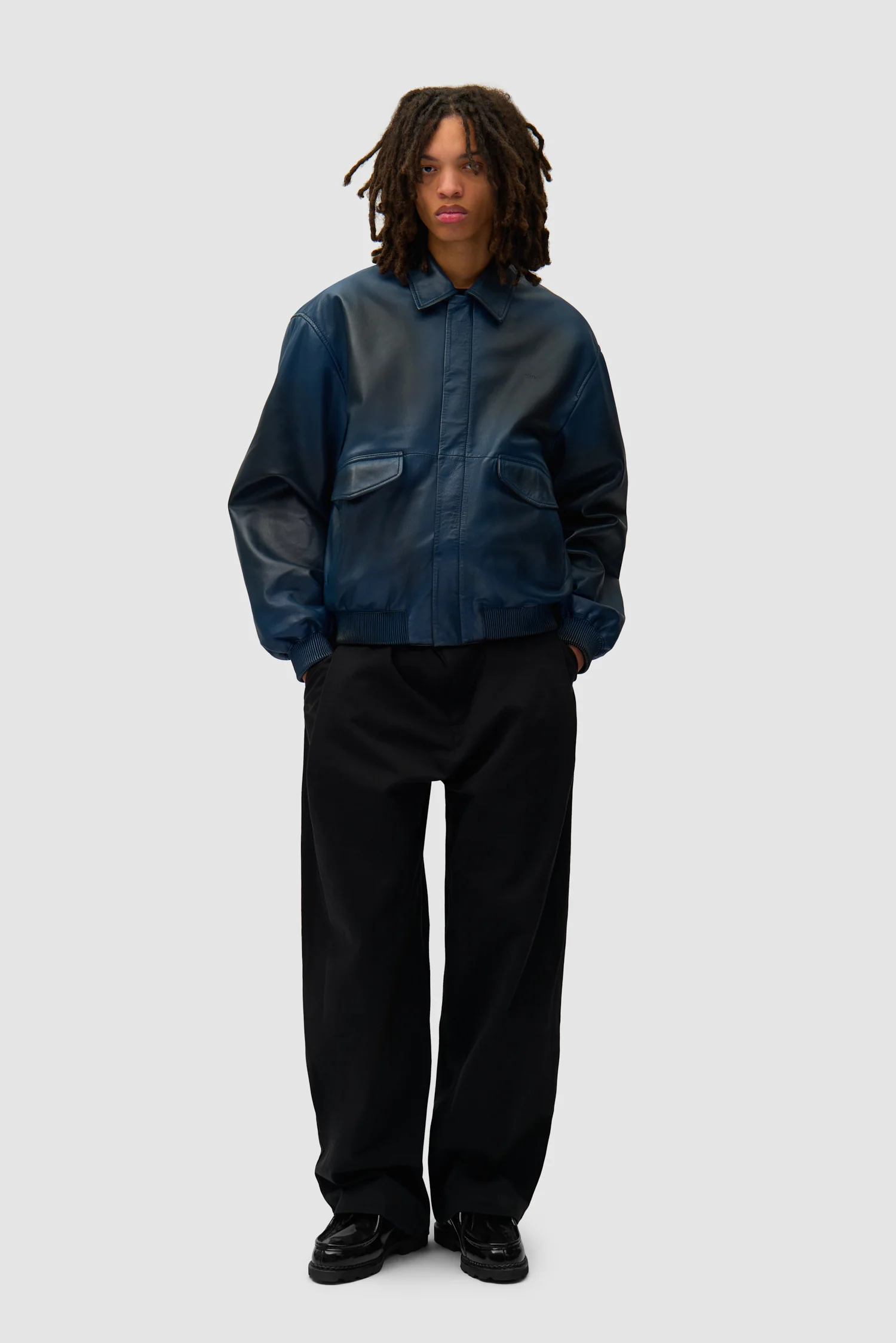 Veste en cuir délavé - Marine - Image 4