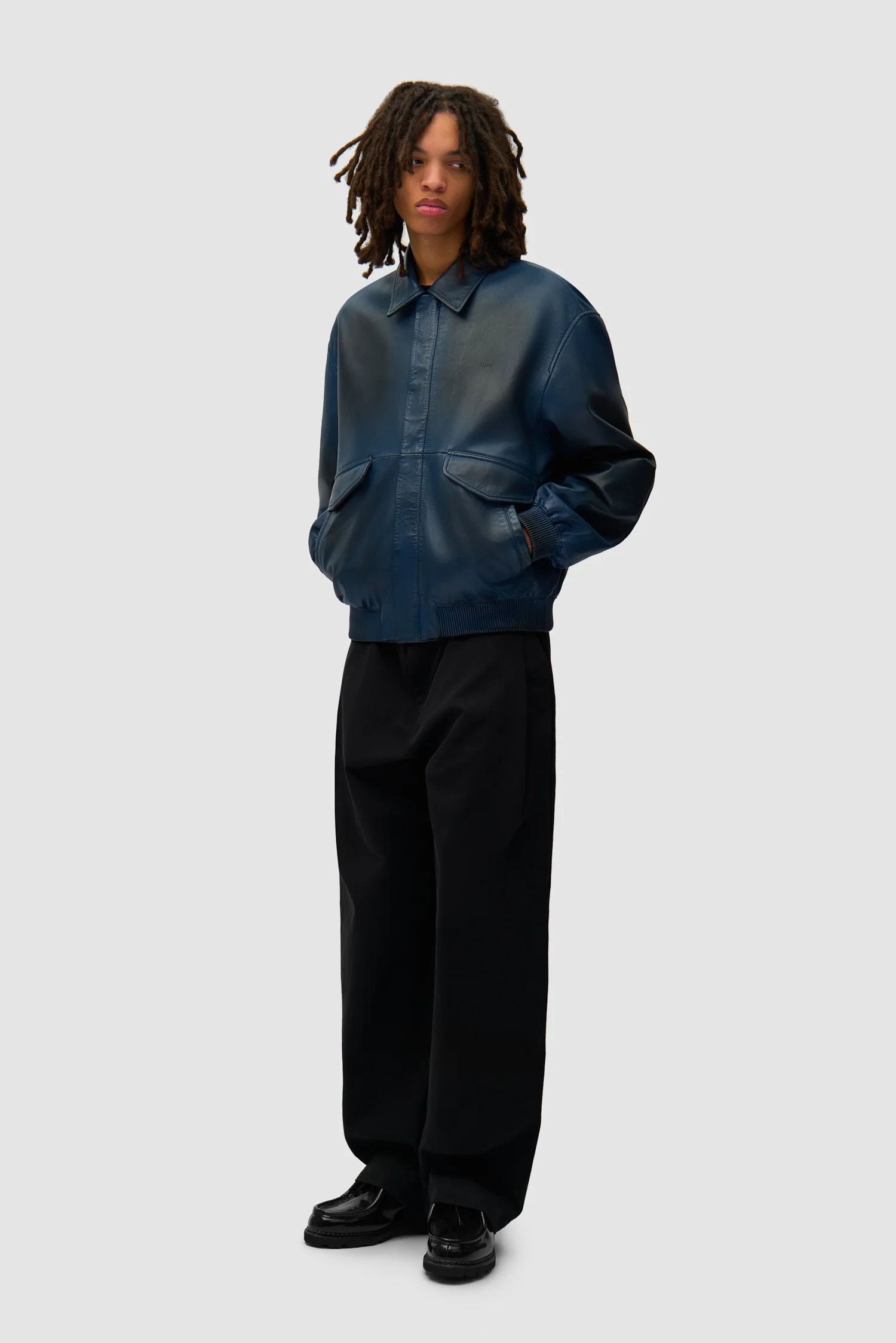 Veste en cuir délavé - Marine - Image 5