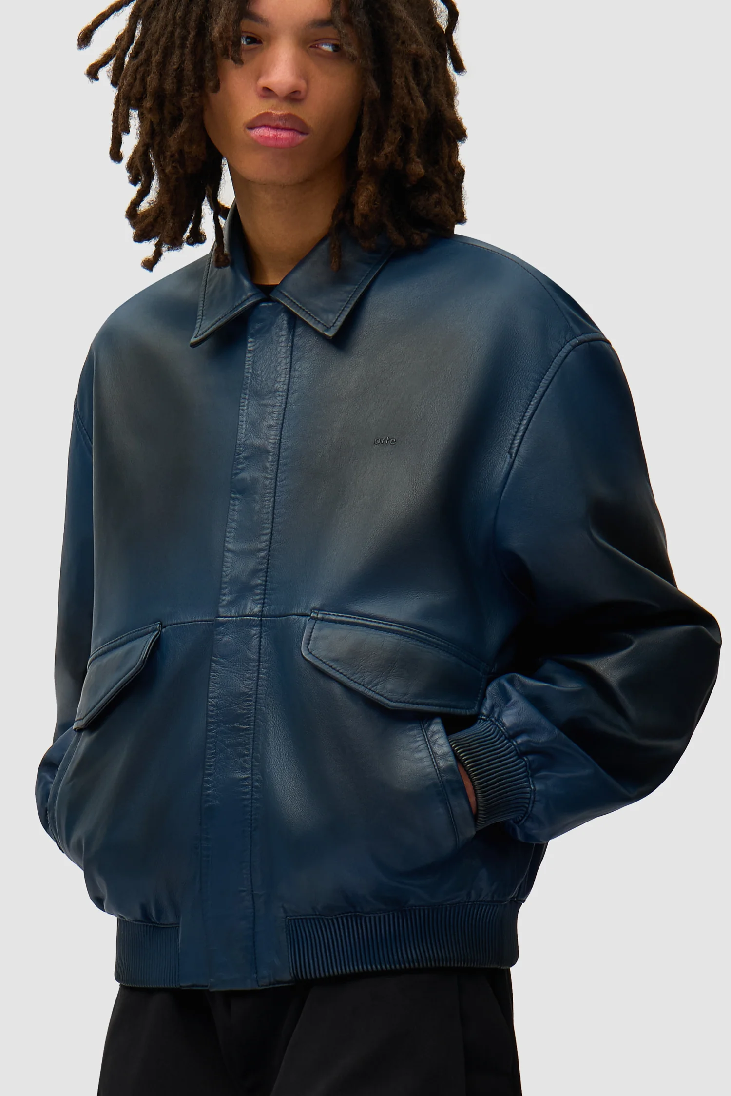 Veste en cuir délavé - Marine - Image 7