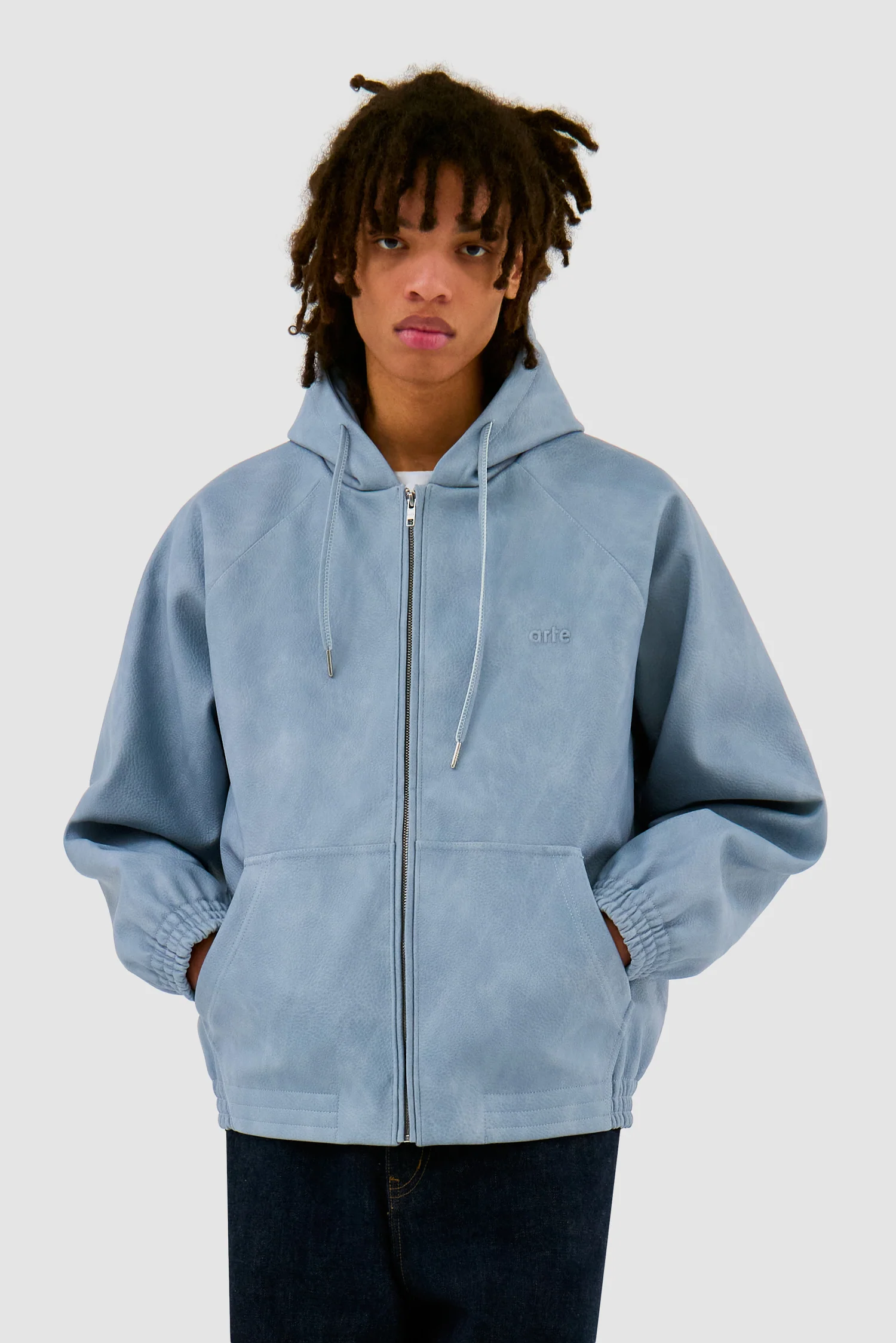 Veste à capuche en cuir - Bleu - Image 2