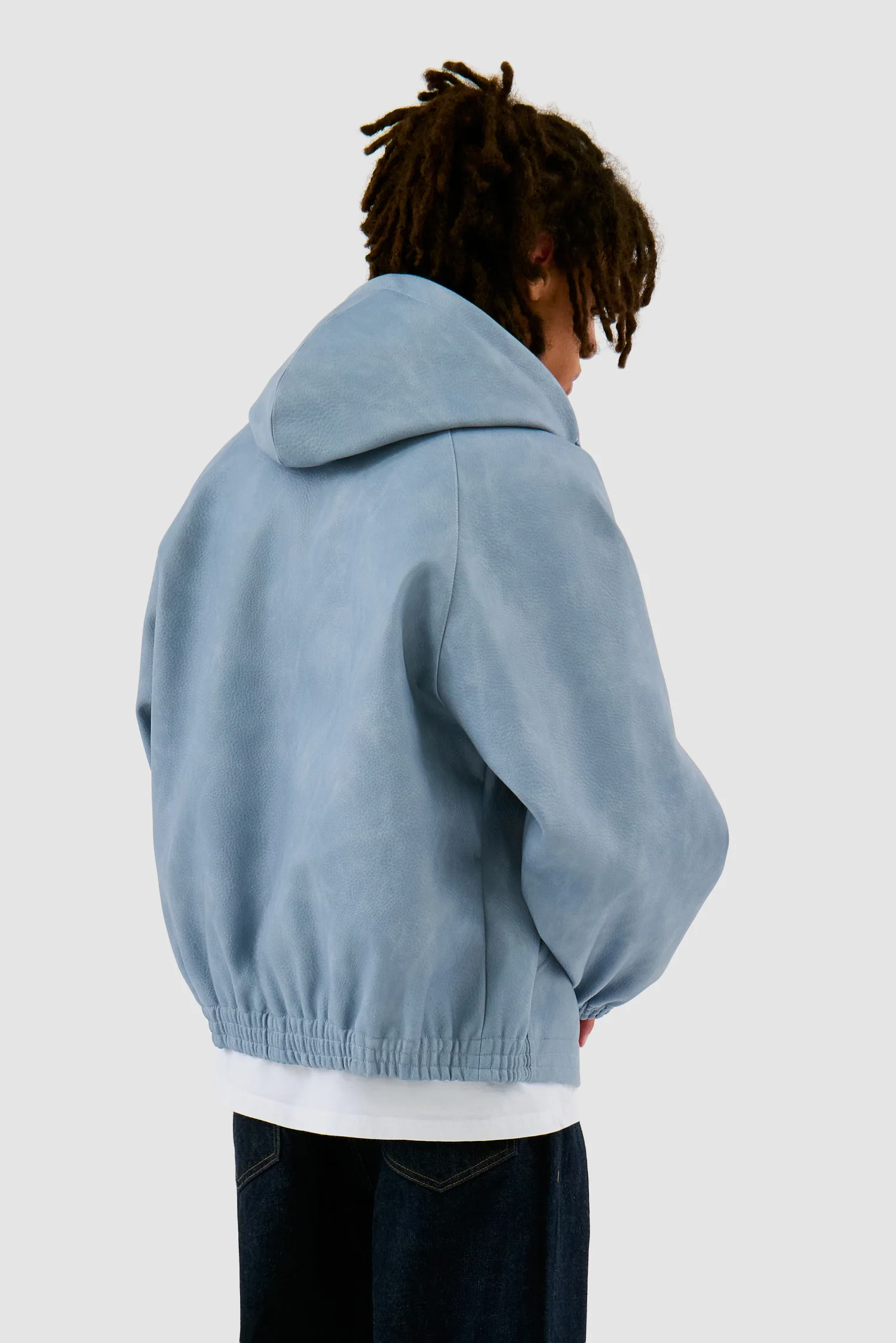 Veste à capuche en cuir - Bleu - Image 3