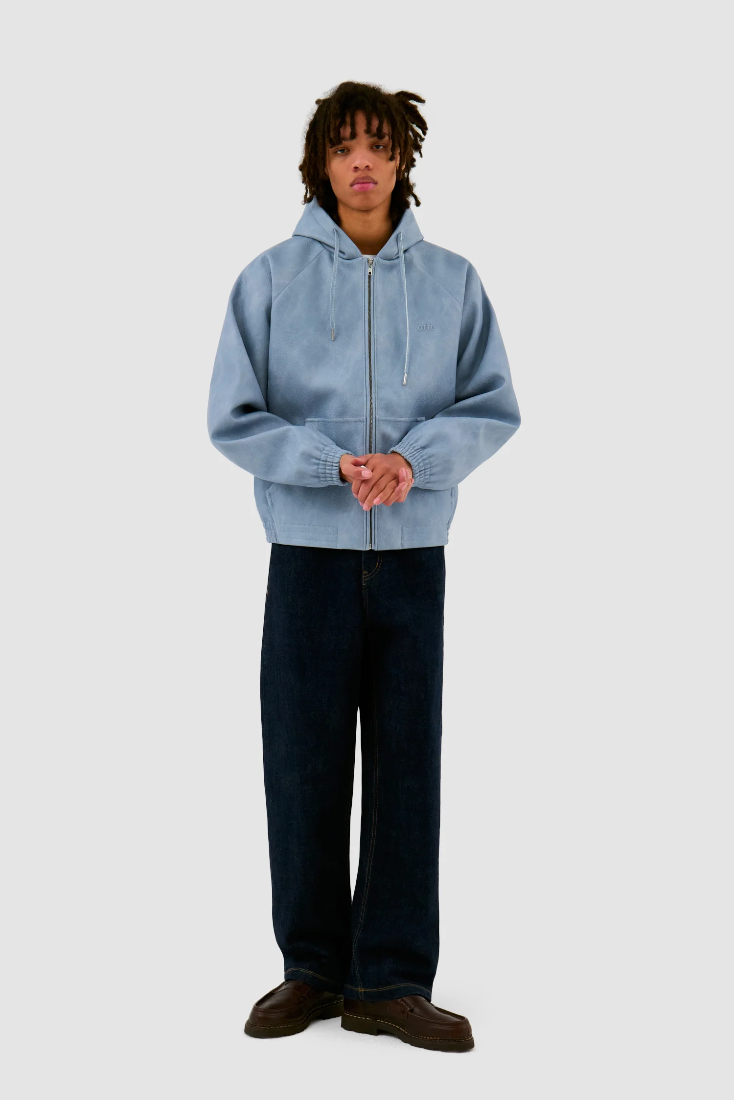 Veste à capuche en cuir - Bleu - Image 4