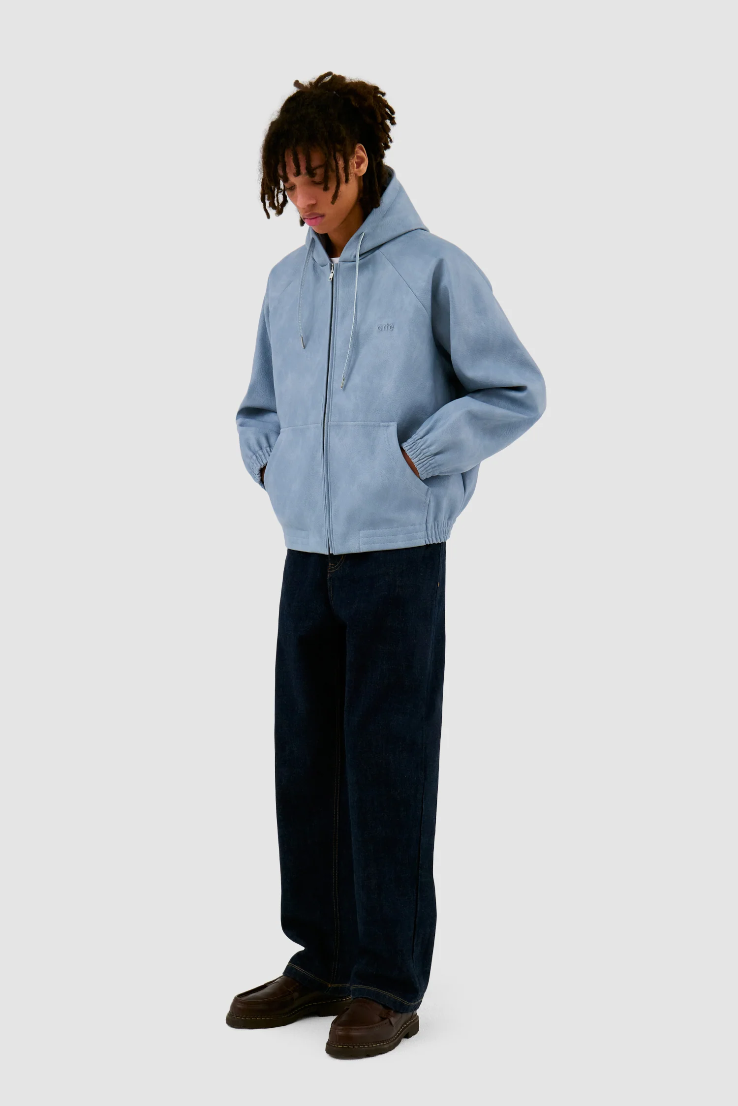 Veste à capuche en cuir - Bleu - Image 5