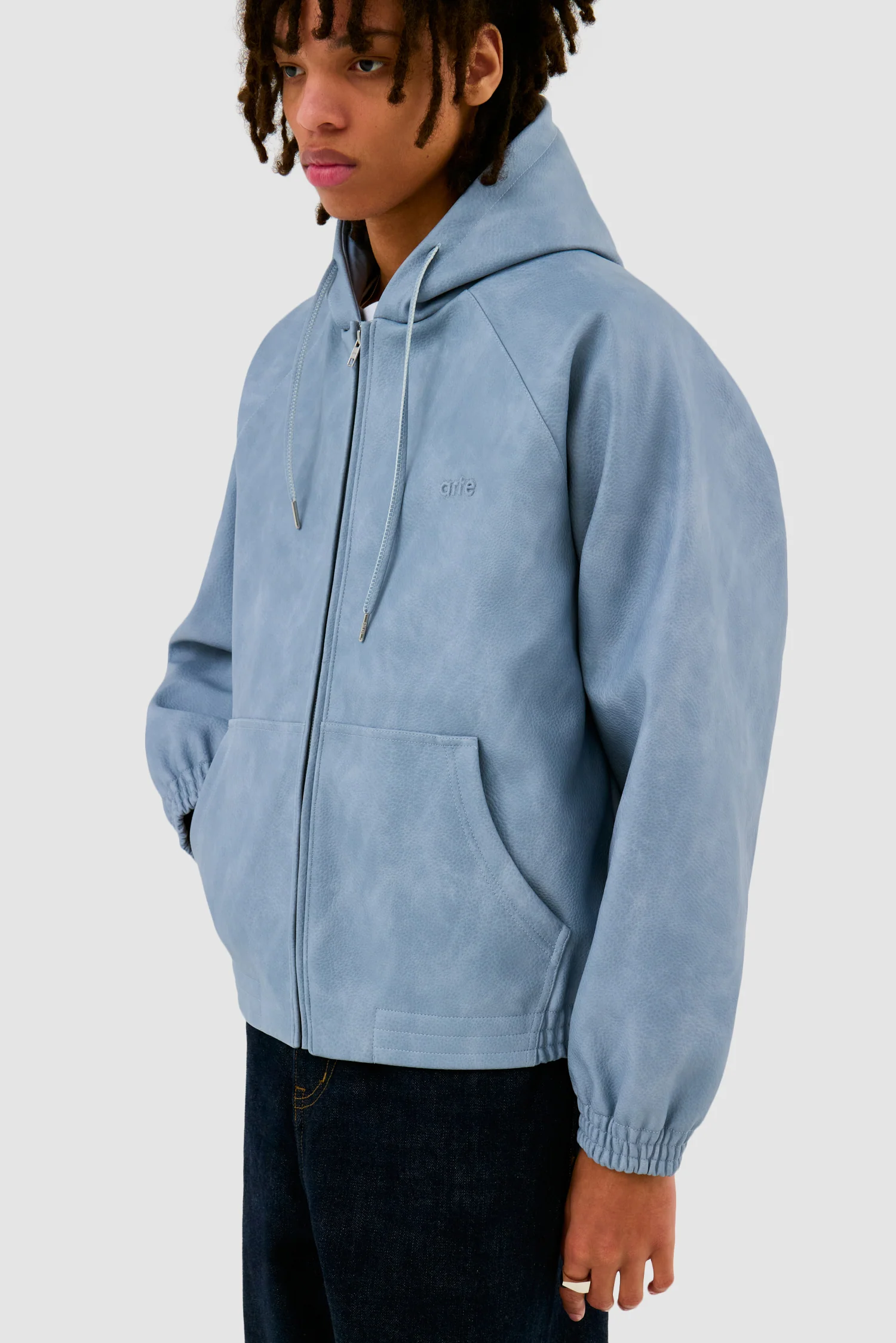Veste à capuche en cuir - Bleu - Image 7