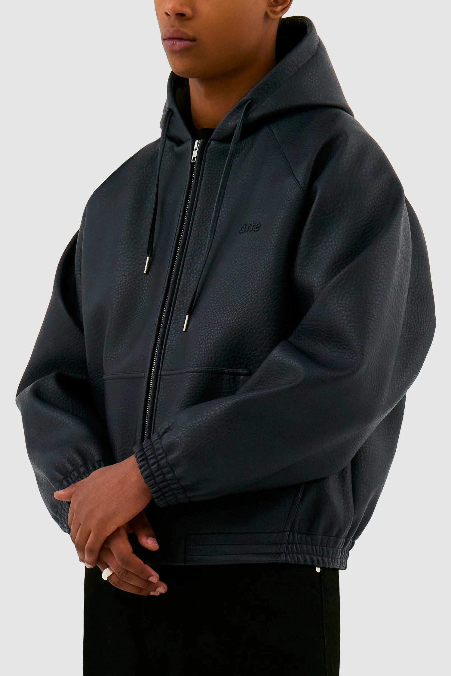Veste à capuche en cuir - Marine - Image 7