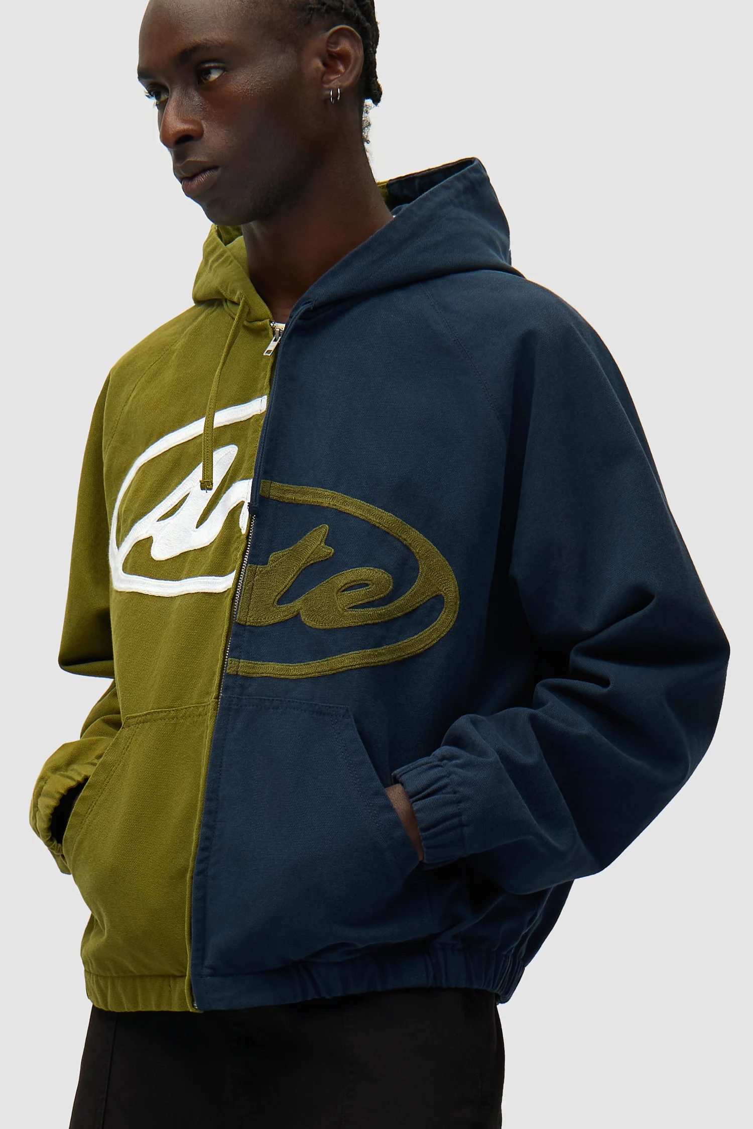 Veste à capuche en toile avec logo divisé - Bleu marine/Vert - Image 7